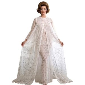 VTG 1960s Perri Ann Peignoir Set White Lace Bridal Nylon M L Romantic M/L image 1