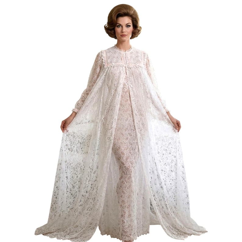 VTG 1960s Perri Ann Peignoir Set White Lace Bridal Nylon M L Romantic M/L image 1