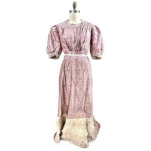 Antique Victorian Bustle Skirt & Bodice Grey Coral Silk Floral RARE Size LARGE