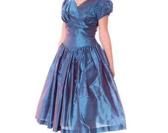 Vintage Party Dress Changeable Iridescent Blue Taffeta Full Skirt Ultra 1950s 32-24-Free