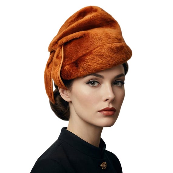VTG 1940s Norman Durand Burnt Orange Fur Felt Architectural Tilt Hat