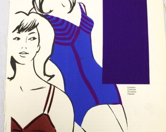 Vintage 1963 Officiel De La Couleur Paris French Textile Plate Frameable Purple Swimsuit