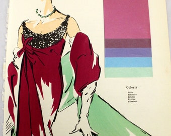 Vintage 1963 Officiel De La Couleur Paris French Textile Plate Frameable Evening Gown