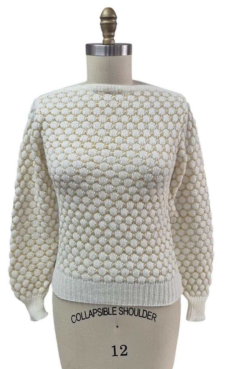 Vtg 60s Skiva Int. Acrylic Sweater Cream/Metallic Gold Accent Honeycomb Knit  L
