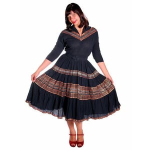 VTG Patio Rockabilly Square Dance Dress Black w/Copper Rickrack Circle Skirt M