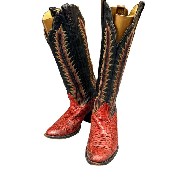 VTG Tony Lama Red Snakeskin Cowboy Boots 9B Western Stitch  display picture 3