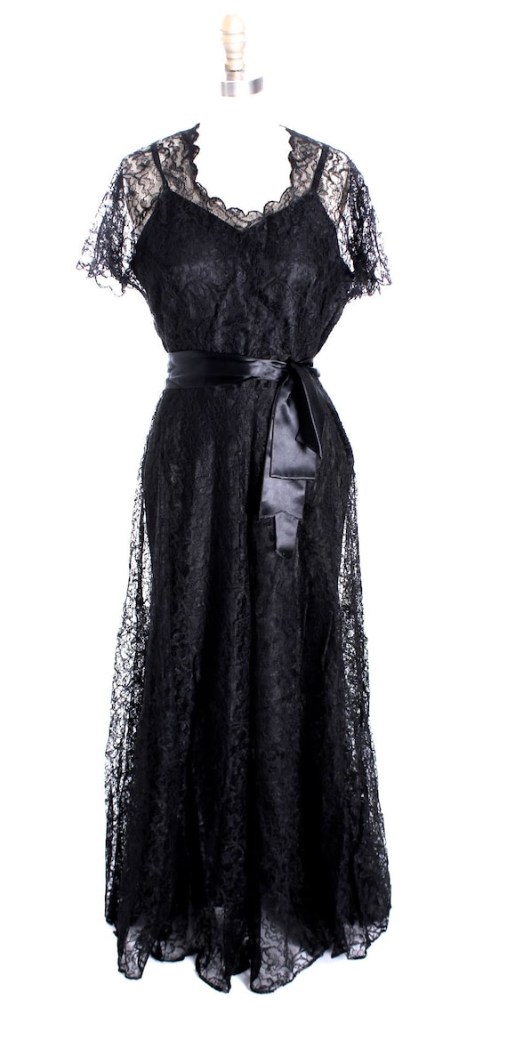VTG 1940s Lace Gown Black Full Length Dress + Slip