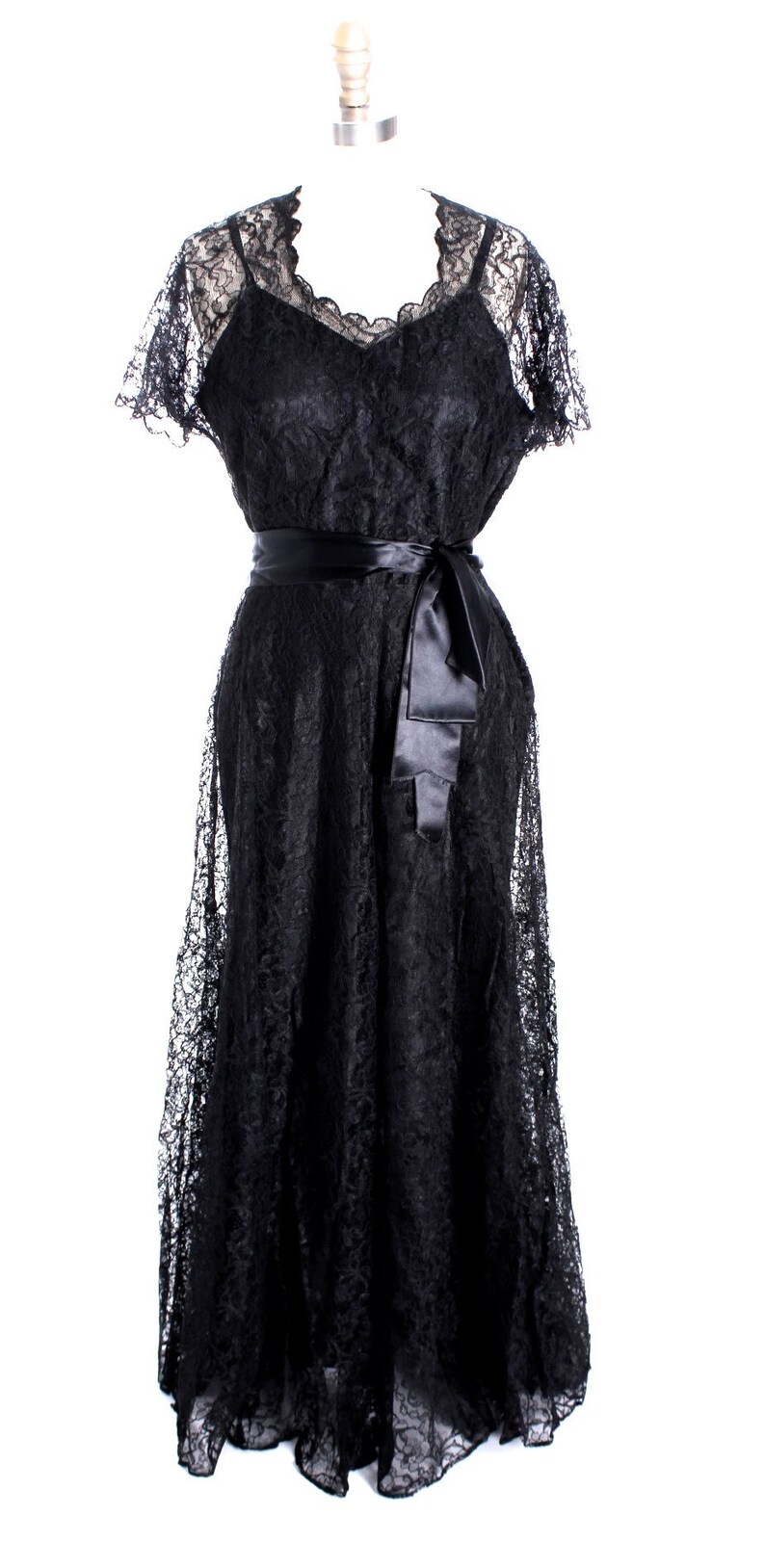 VTG 1940s Lace Gown Black Full Length Dress Slip Wearable 40-32-44 image 1