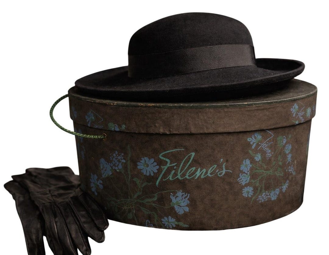 Flenes VTG 1940s Filenes Wallpaper Hat Box Black Turquoise Floral Boudoir 14 ...