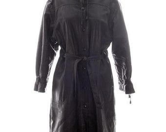 VTG 70s Friitala Finland Black Leather Long Coat Bonnie Cashin Style S-M