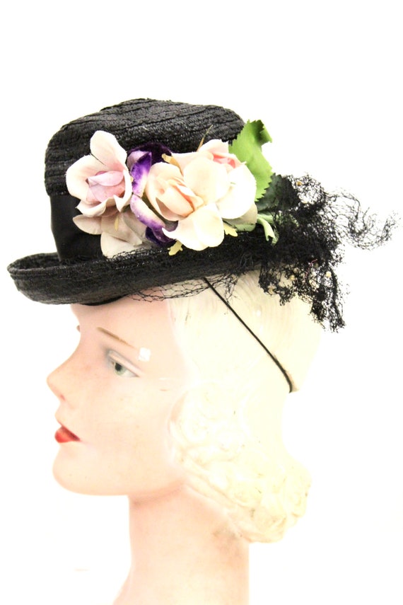 Vintage Fascinator Doll Hat Black Straw & Flowers… - image 6