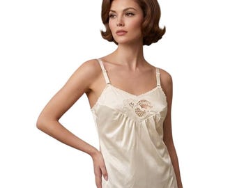 Camisola Mary Jane vintage de los años 60, Antron, nailon, encaje, abertura en forma de ojo de cerradura, beige, talla M, nueva con etiquetas.