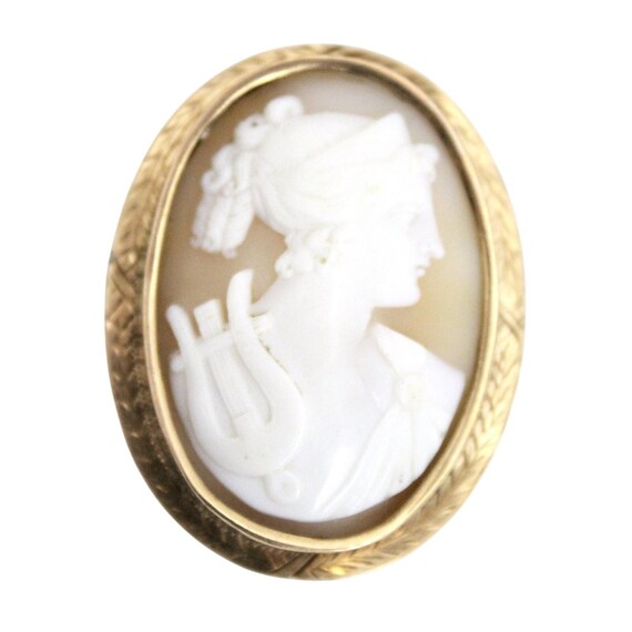 Antique Victorian 10K Gold Conch Shell Cameo Brooch Orpheus Lyre High Relief 2"