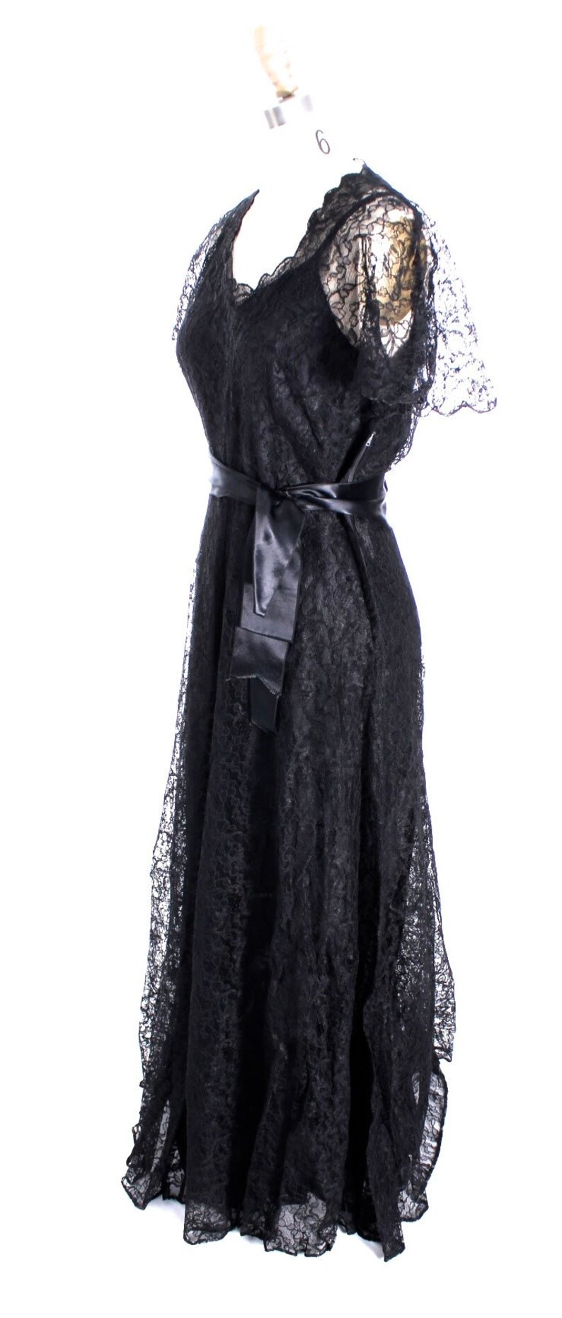 VTG 1940s Lace Gown Black Full Length Dress Slip Wearable 40-32-44 image 7