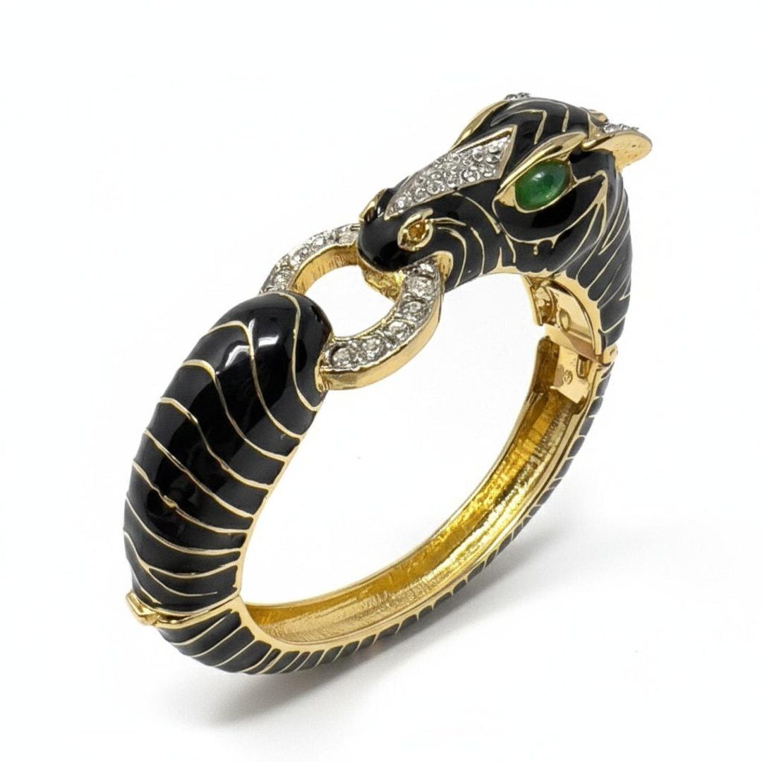 Zebra Rhinestones VTG Ciner Zebra Bracelet Gold Enamel Cabochon Rhinestone Hollywood ...