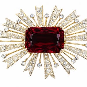May include: A gold-toned brooch with a large, rectangular, deep red gemstone at its center. The gemstone is surrounded by a sunburst design of gold rays and sparkling clear crystals, creating a glamorous and eye-catching accessory.