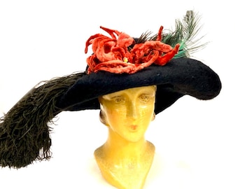 Antique Victorian Beaver Fur Felt Hat: Wide Brim, Feathers