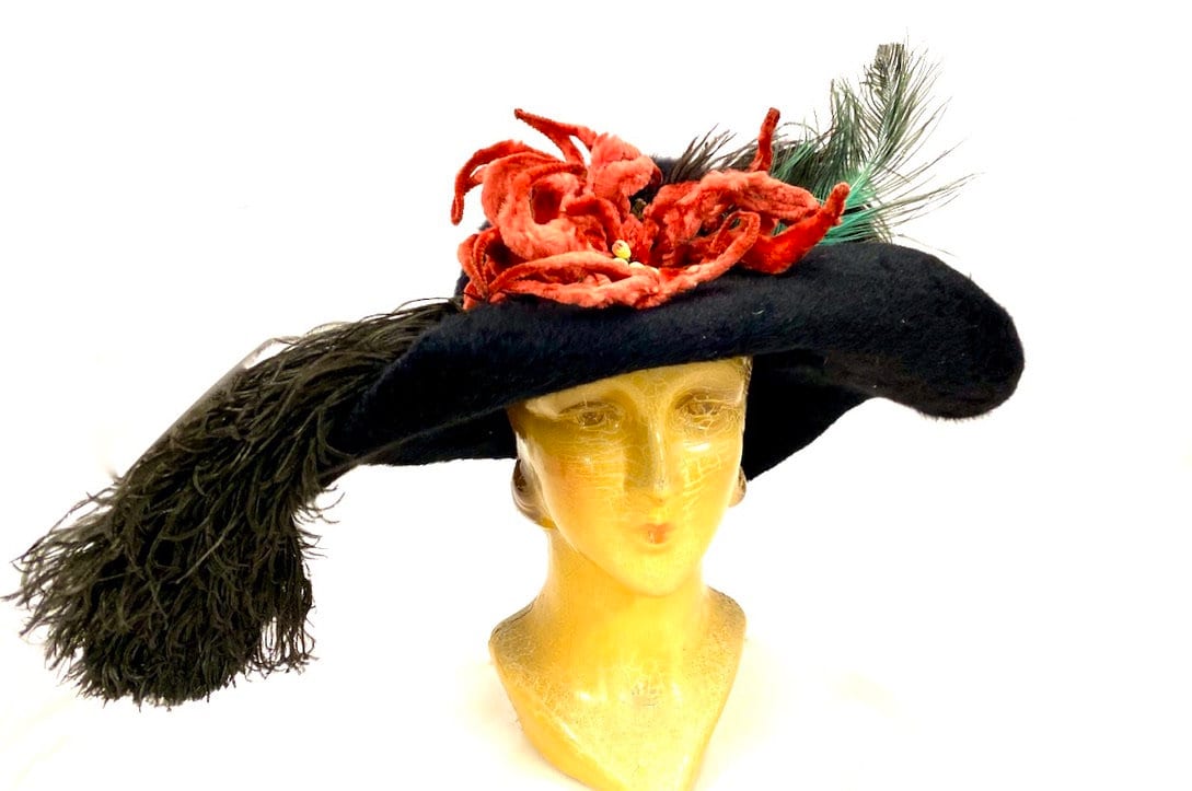 Antique Victorian Beaver Fur Felt Hat: Wide Brim, Feathers