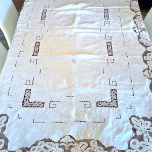 Antique White Hand Embroidered Lace & Linen Tablecloth  102"x 68" Exquisite