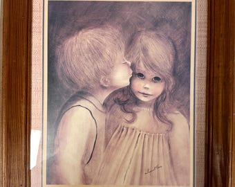 Margaret Keane signerat Big Eyes-tryck "En liten kyss" — Inramad 50-talsmodern