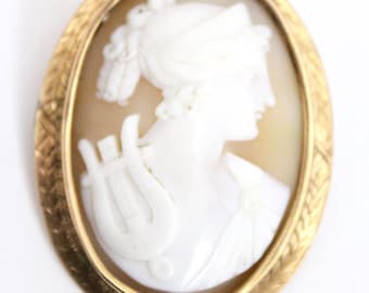 Antique Shell Cameo "Orpheus" w/Lyre Brooch 10K Yellow Gold 1837-1910 Large 2"  8 Grams