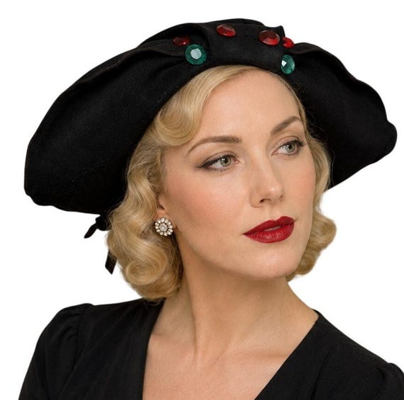Vintage 1930s Lazarus Cincinnati Semi Cloche Hat Black Felt Art Deco Jeweled