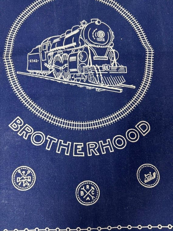 40's RAILROAD BROTHERHOOD BANDANA バンダナ Vtg 1930s Union Railroad Brotherhood Trunk Down Indigo Blue