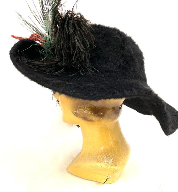 Antique Victorian Beaver Fur Felt Hat: Wide Brim, Feathers