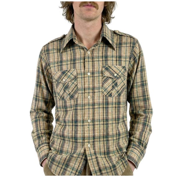 VTG 1970s Sears Perma-prest Plaid Western Button Shirt Green