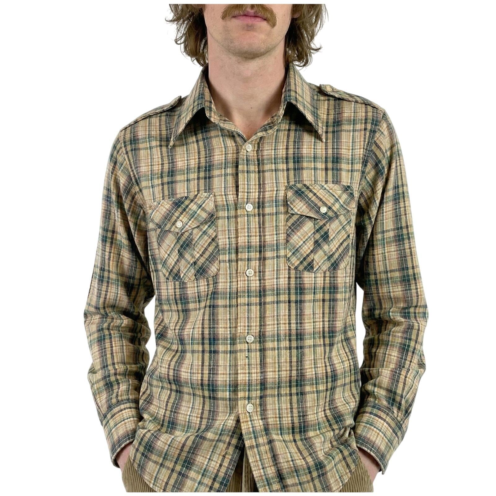 VTG 1970s Sears Perma-prest Plaid Western Button Shirt Green
