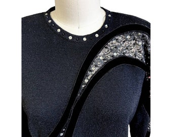 VTG 80s ANTONELLA PREVE Black Sweater Dress Wool Blend W/ wave pattern Sz M