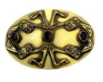 VTG Art Nouveau Brass Oval Brooch Amethyst Glass Floral Motif