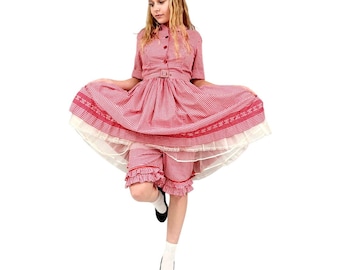 VTG 50s Red Gingham Square Dance Dress Set Prairie Romantic Rockabilly Americana