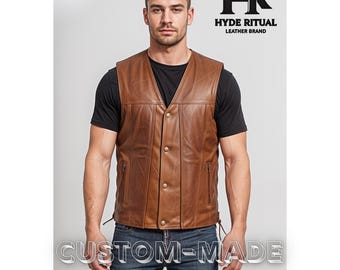 Men Handmade Genuine Brown Leather Custom Made Vest