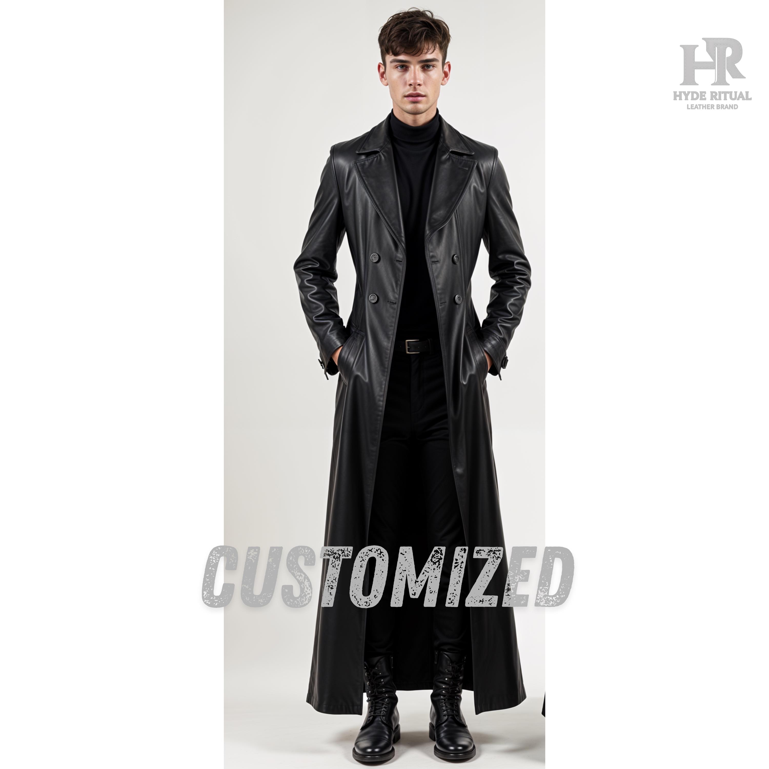 Custom Black Leather Gothic Trench Coat: Genuine Leather, High