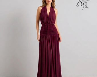 Women's Burgundy Halter Neck Ruched Maxi Dress Bodycon Evening Gown