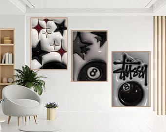 8 Ball Graffiti Art Prints – Black & White Wall Decor Set