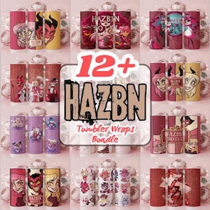 May include: A digital collection of 12+ Hazbin Hotel tumbler wrap designs featuring various animated characters from the series. The graphics include character portraits, logos, and themed patterns in shades of red, pink, and yellow.