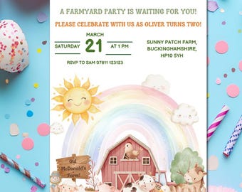 Einladung zum Kindergeburtstag | Einladen Tiere auf dem Bauernhof, Ranch Theme for Kids | Bearbeitbare benutzerdefinierte 2.Geburtstagsfeier-Vorlage