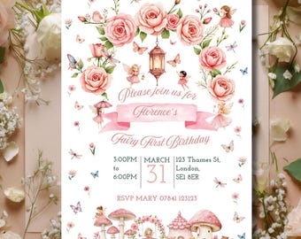 Fairy First Birthday Invitation | Whimsical Pink Butterfly Enchanted Garden Invite Theme | Editable 1st Birthday Party Custom Template