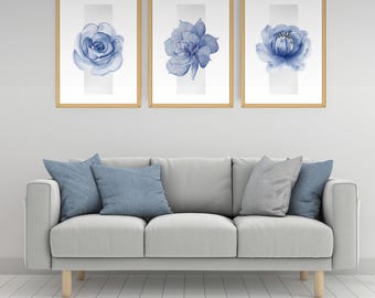 Navy Blue Floral Prints - Set of 3 - Minimalist Botanical Wall Art (Digital Download)