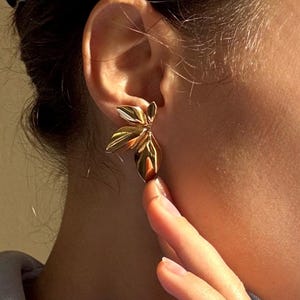 Gold Leaf Statement Stud Earrings, Hypoallergenic Stainless Steel Jewelry, Lightweight Modern Elegant Wedding Gift for Her
