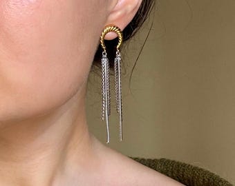 Gold Silver Dangle Earrings, Chunky Chain Earrings, Long Statement Drop Earrings, Two Tone Modern Earrings, Elegant Unique Gift for Her