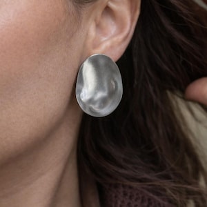 Chunky Earrings Silver Oval – Bold Statement Earrings, Organic Shape Studs, Minimalist Modern Jewelry, Non Tarnish Lightweight Earrings