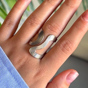 Adjustable Unisex Statement Ring, Modern Stainless Steel Wave Sculptural Open Ring, Bold Silver Ring
