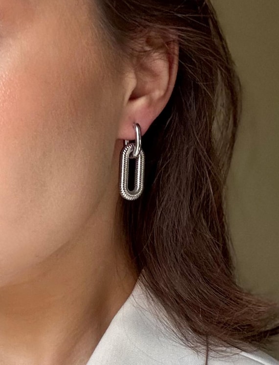 Silver Chunky Chain Earrings,  Long Statement Drop Earrings, Christmas Gift for Her,  Modern Geometric Jewelry