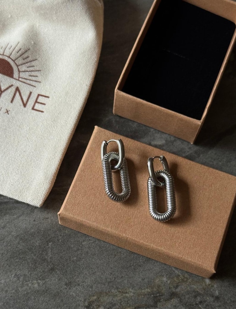 May include: A pair of silver-colored chain link earrings with a textured design. The earrings are displayed on a brown cardboard box next to a small canvas bag with the word "YNE" printed on it.