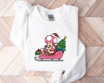 Toadette Christmas Sweatshirt, Cute Gamer Xmas Gift, Pink Mushroom Video Game Jumper, Nintendo Fan Holiday Crewneck