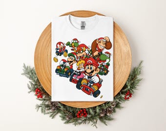 Mario Kart Christmas T-Shirt, Luigi Yoshi Donkey Kong Bowser Graphic Tee, Nintendo Retro Gaming Holiday Xmas Gift for Gamer Fan