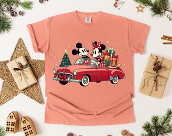 Mickey Minnie Christmas Car Tee, Vintage Retro Holiday Vacation Shirt, Couple Matching Xmas Gift, Disney World Road Trip Merch,